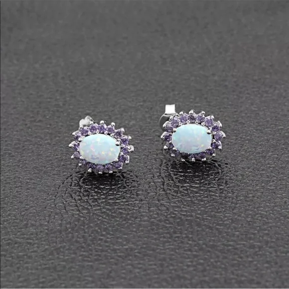 New Opal Oval Amethyst Stud Earrings - Picture 3 of 7